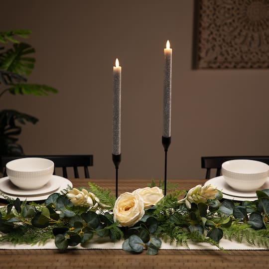 LED Flameless Flickering Taper Glittered Christmas Candles - 11" - Silver - Set 2